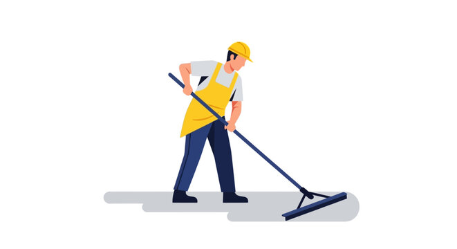 Construction Worker in Safety Gear Using Industrial Squeegee for Floor Maintenance Vector Illustration