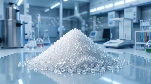 Ultra-detailed macro photograph of pure white pharmaceutical sodium chloride crystals forming a perfectly symmetrical conical pile on polished laboratory glass