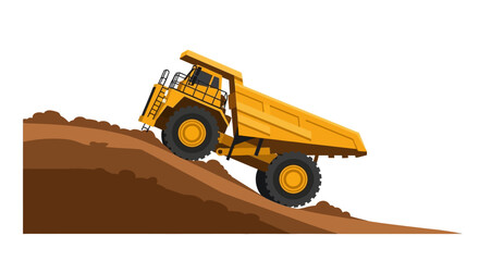 Fototapeta premium Yellow mining haul truck on steep dirt slope vector illustration, heavy duty construction vehicle isolated on white