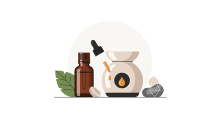 Fototapeta premium Aromatherapy and wellness supplies featuring a brown glass essential oil bottle a dropper and a ceramic wax warmer burner.