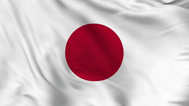 A large white flag with a solid red circle in the center waving in the wind