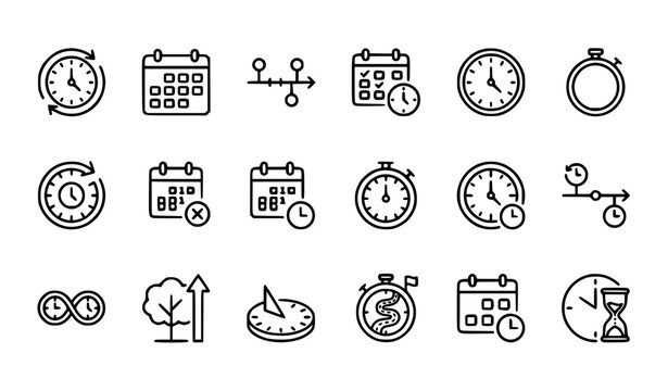 Long term clock outline icon set with time duration schedule planning and timer symbols isolated vector illustration
