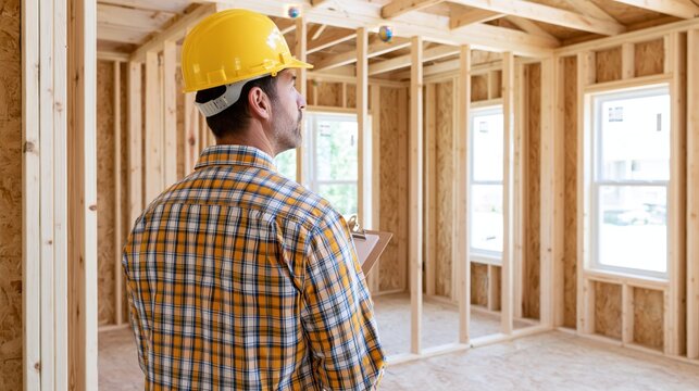 Construction inspector in yellow hard hat examines new home framing before drywall installation