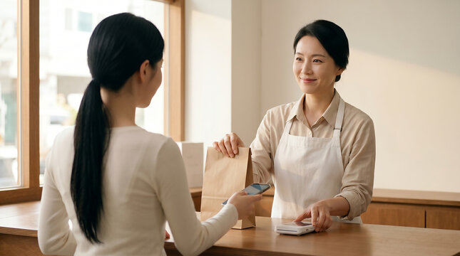카페에서 모바일 결제하는 손님과 직원 / Customer Making Mobile Payment at Cafe
