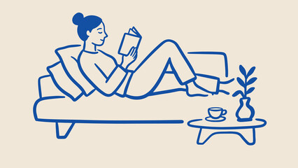 Obraz premium Minimalist blue and beige illustration of person reclining on sofa reading book with coffee table plant and cup creating cozy relaxed atmosphere