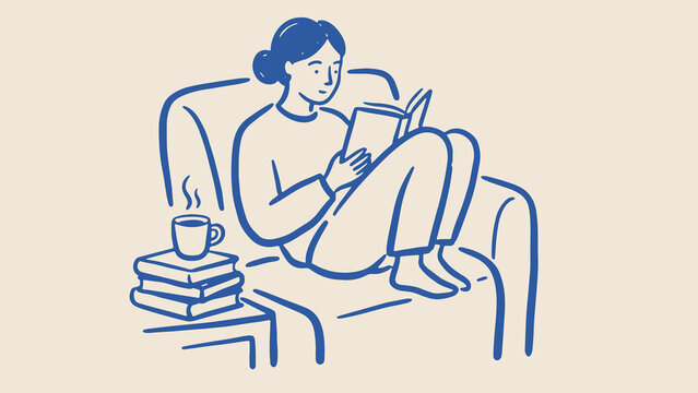 Minimalist blue and beige illustration of person reading on couch with stack of books and steaming cup creating cozy relaxed atmosphere