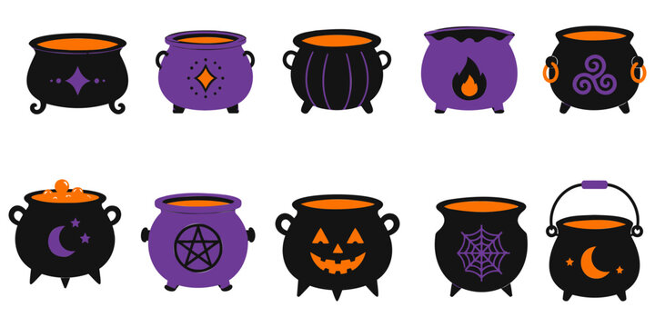 Vector Illustration of Halloween Cauldrons with Spooky Faces and Bats for Festive Design