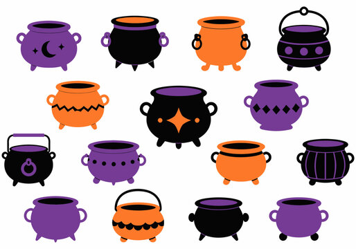 Colorful Halloween-themed cartoon cauldrons and pots in various shapes and colors