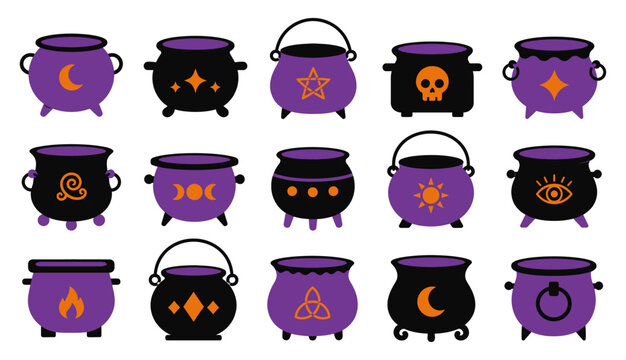 Vector Illustration of Cute Halloween Cauldrons with Spooky Faces in Dark Purple and Black Colors