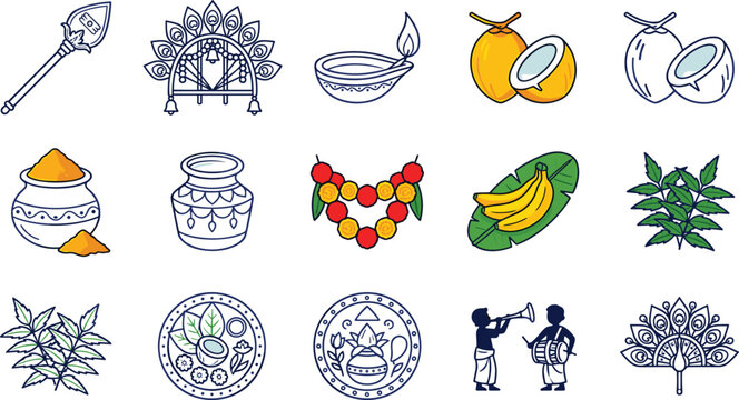 Thaipusam and Tamil Festival Icon Set with Vel Spear Kavadi Diya Lamp Coconut Turmeric and Traditional Musicians Vector Graphic Elements