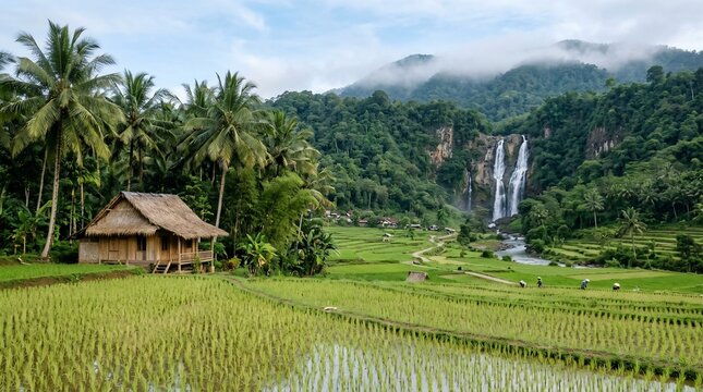 Tropical waterfall and rice terraces with hut