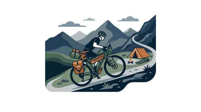A cyclist riding a loaded touring bicycle on a mountain road.
