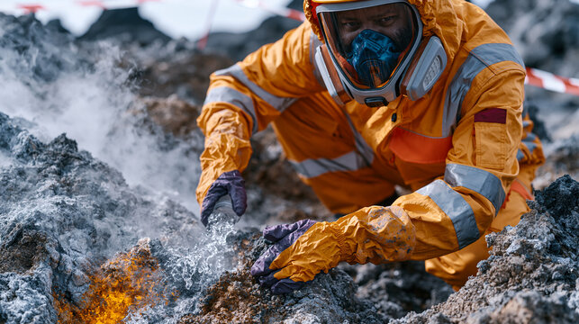Geothermal engineer in protective gear collecting water samples from a steaming silica-mineral borehole vent near a volcanic lava field in Iceland, safety cordon posts surrounding the extraction sit
