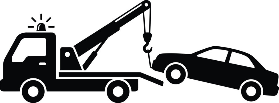 Tow truck silhouette pulling broken car for roadside assistance emergency towing service evacuation wrecker vehicle vector illustration