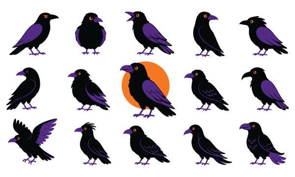Collection of Various Bird Silhouettes in Different Postures and Flight Angles