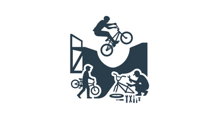 Obraz premium BMX bike rider and mechanic workshop vector illustration.
