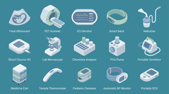 Isometric medical equipment and healthcare devices icon set, including ultrasound, microscope, ventilator, and heart monitor for digital design, infographics, and presentation templates