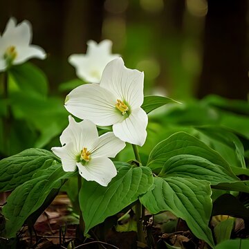 White trillium flowers blooming in a forest