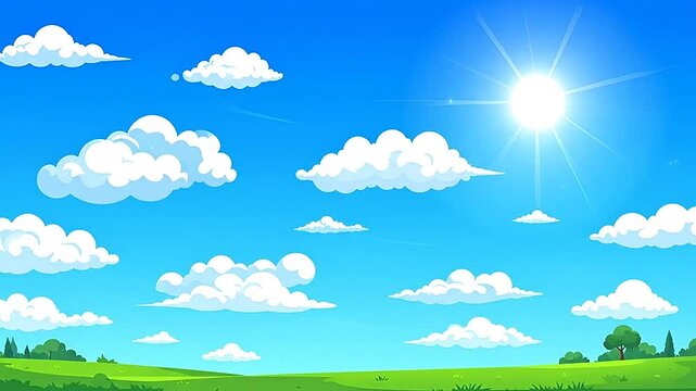 A bright sunny day with fluffy white clouds over a green meadow