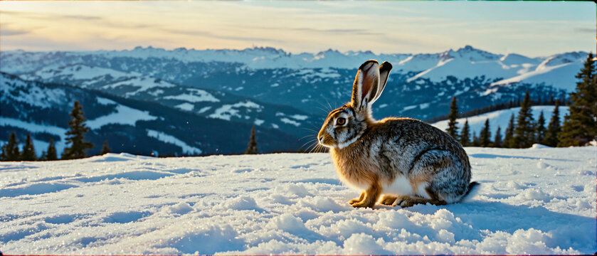 Wild hare in snow with beautiful winter mountain panorama
