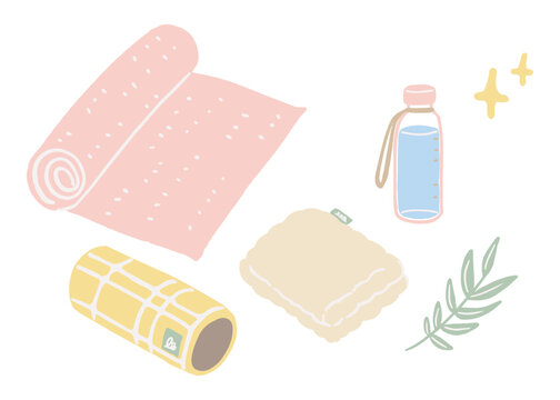 ヨガマットとフォームローラーなどフィットネスグッズの手描きイラスト / Hand-drawn illustration of fitness goods such as a yoga mat and a foam roller