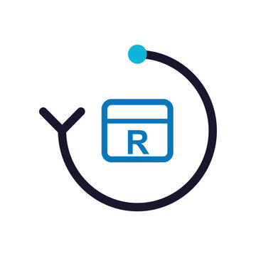 Modern r icon inside circular arrow with play button symbol