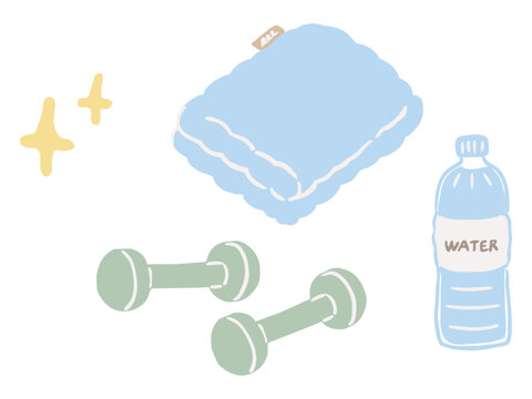 ダンベルとミネラルウォーターの筋トレ・宅トレの手描きイラスト / Hand-drawn illustration of muscle training and home workouts with dumbbells and mineral water