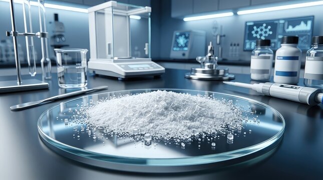 Photorealistic laboratory concept featuring ultra-pure potassium chloride powder spreading across reflective laboratory glass with microscopic crystalline detail,