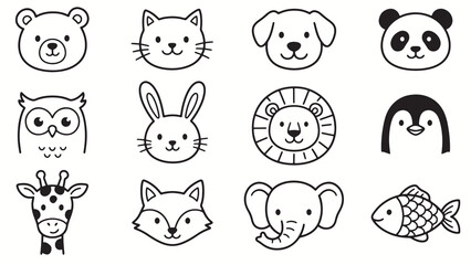 Cute cartoon animal face icons featuring bear cat dog panda owl rabbit lion penguin giraffe fox elephant and fish in simple rounded style © Abdul Waheed Studio
