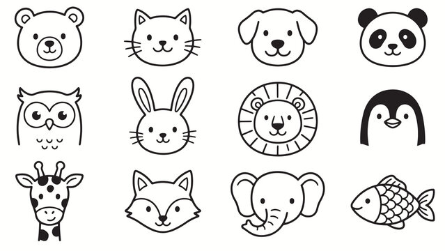 Cute cartoon animal face icons featuring bear cat dog panda owl rabbit lion penguin giraffe fox elephant and fish in simple rounded style