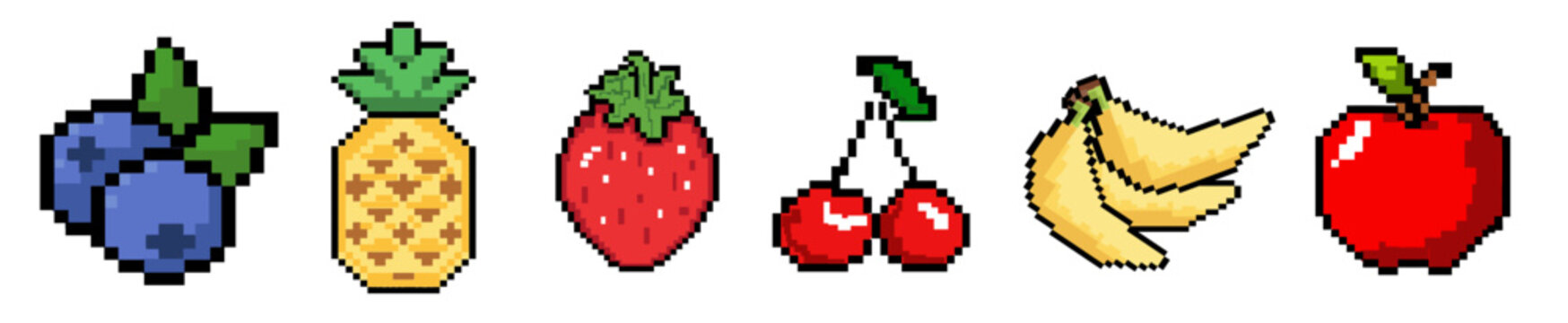 pixel fruit icon set for games or mobile apps, with colorful Blueberry, pineapple, strawberry, cherry, banana, and apple vector 8-bit graphic design