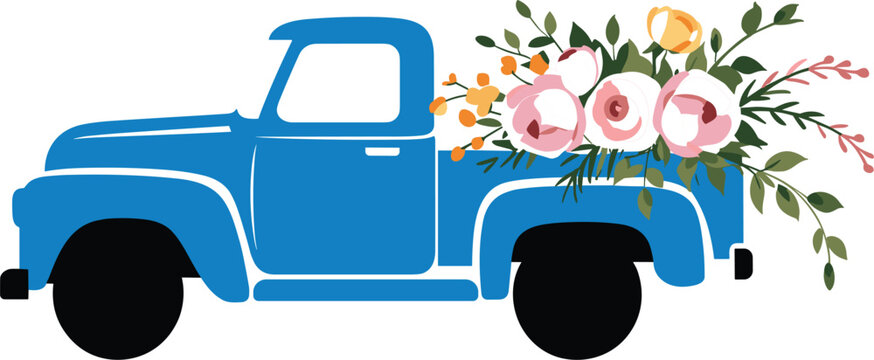 Vintage blue pickup truck carrying beautiful pink and yellow flowers in the back vector illustration