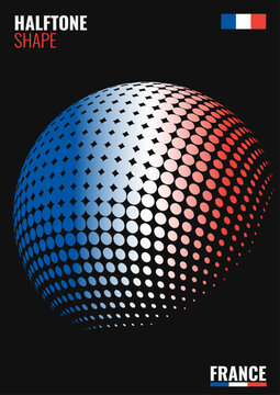 Halftone sphere with French tricolor gradient on black background
