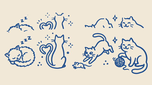 Minimalist line drawing of cats in playful poses including sleeping stretching playing with yarn chasing mouse and heart tail