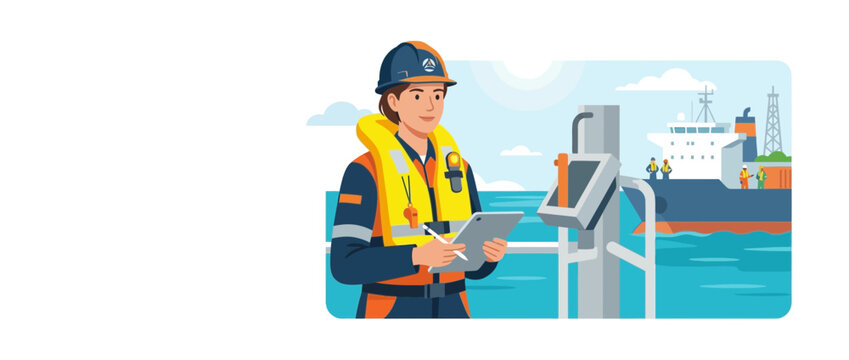 Maritime professional checking clipboard on ship deck with cargo vessel background