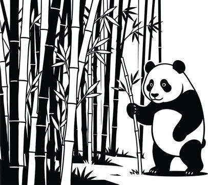 Black and white vector illustration of a cute giant panda standing in a dense bamboo forest