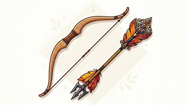 Fantasy wooden bow and ornate decorative arrow illustration