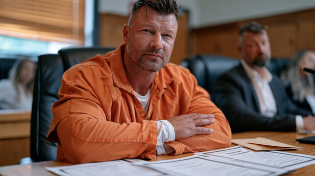 Parole candidate sitting before formal board panel in institutional hearing room presenting rehabilitation evidence, completion certificates spread on table, victim impact statement envelope visible