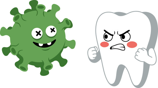 Angry cartoon tooth character fighting against a defeated green virus cell in this vector graphic illustration