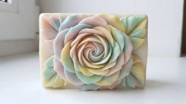 Handmade carved soap bar with beautiful pastel floral rose pattern isolated on white background. Luxury spa hygiene. AI generated.