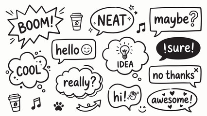 Playful hand drawn speech bubbles and doodles with expressive words and comic style conversational phrases © Abdul Waheed Studio
