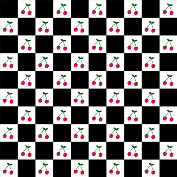 Cute Seamless Cherry Checkerboard Pattern on Black and White Background
