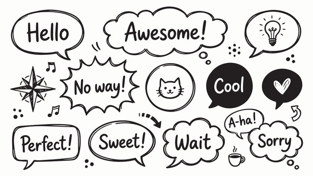 Hand drawn speech bubbles and doodles with playful comic style words and expressive conversational phrases
