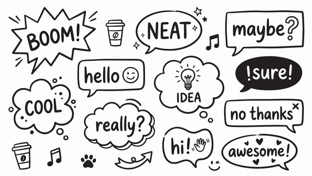 Playful hand drawn speech bubbles and doodles with expressive words and comic style conversational phrases