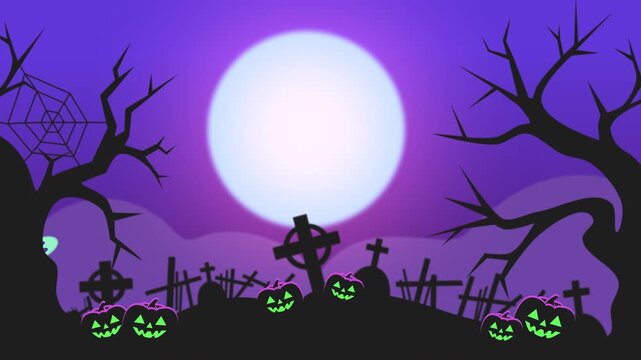 Halloween Graveyard Background with Spooky Dead Trees, Giant Glowing Full Moon, Crosses and Neon Green Jack O' Lantern Pumpkins, Purple Scary Cemetery Seamless Loop 4K 60fps Video Animation