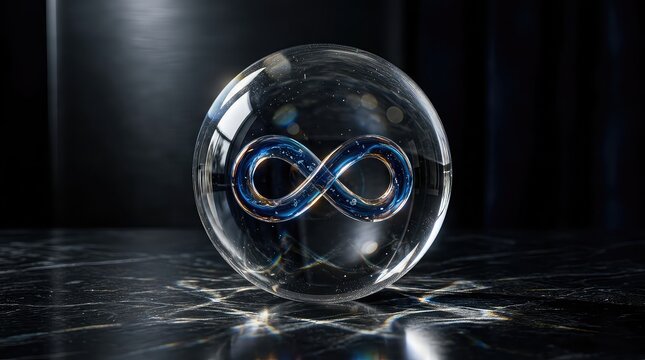 Photorealistic glass orb containing an infinity-shaped liquid loop suspended in the center