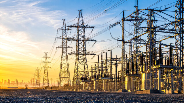 High-Voltage Transmission Towers and a Power Substation in Minimal Landscape with a Faint Distant City Silhouette