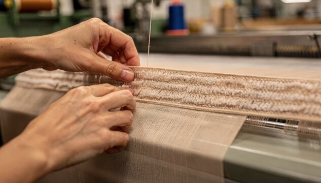 Closeup of hands skillfully weaving plush elastic waistbands creating soft stretchable foundations for sheer pantyhose with precision and care.