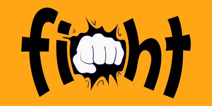 Graphic illustration of a white fist punching through the word fight written in black lettering on an orange background