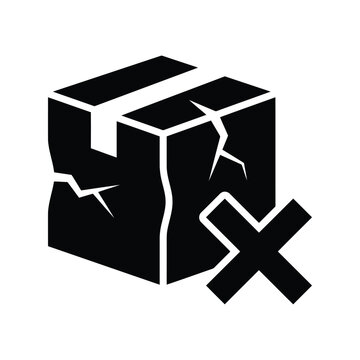 Black icon of a broken cardboard box with a cross mark indicating damaged shipping package